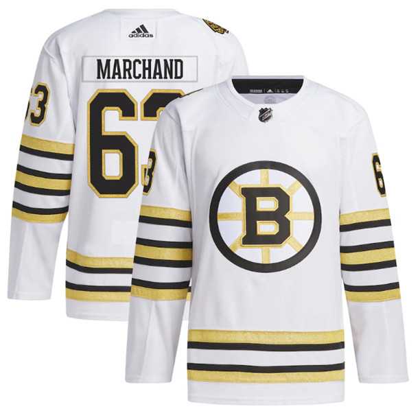 Men's Boston Bruins #63 Brad Marchand White 100th Anniversary Primegreen Stitched Jersey Dzhi